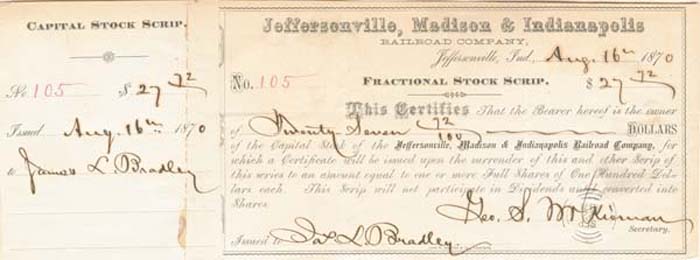 Jeffersonville, Madison and Indianapolis Railroad Co. - Stock Certificate